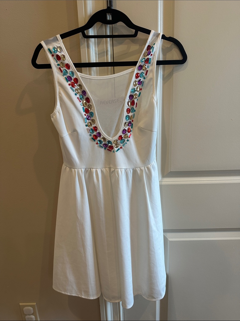 Reverse White Sleeveless Dress with Multicolor Gem Embellishment